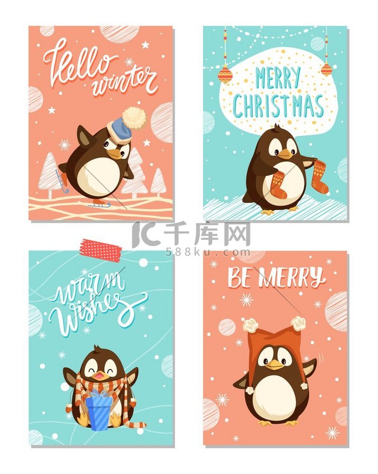 圣诞快乐冬青快乐企鹅在冬天的矢