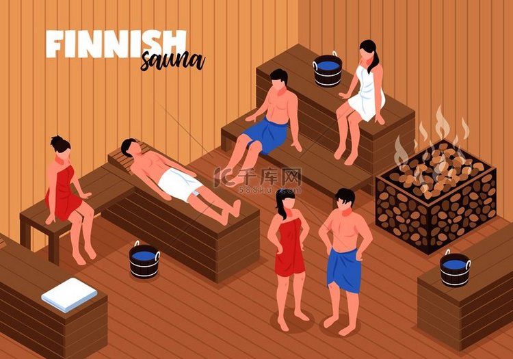 芬兰桑拿浴，男人和女人坐在木凳