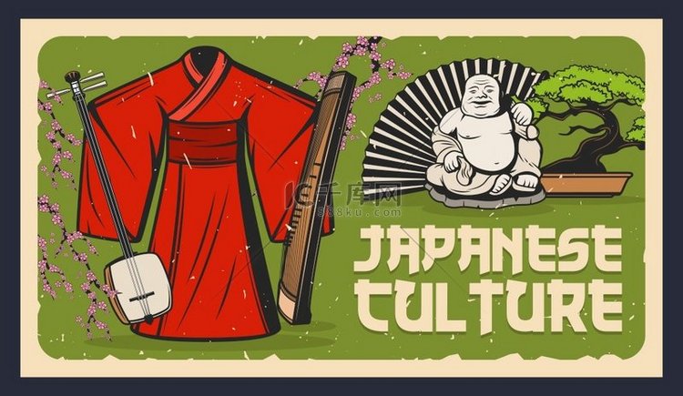 日本、盆景、根付和和服、三味线