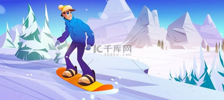 男子骑在山坡上的滑雪板上。