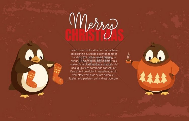 圣诞快乐企鹅穿着暖和的衣服文本