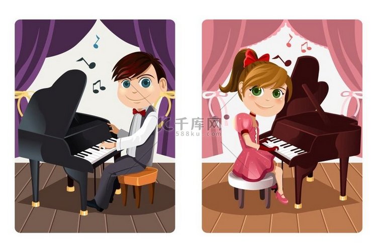 一个男孩和一个女孩弹钢琴的矢量