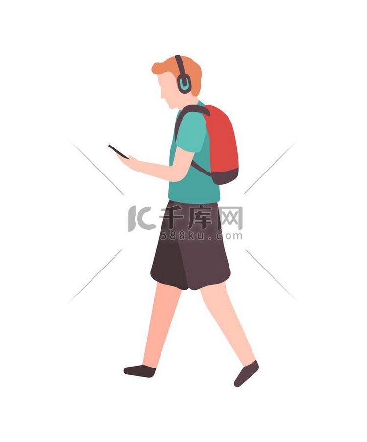 年轻人走在街上听音乐。