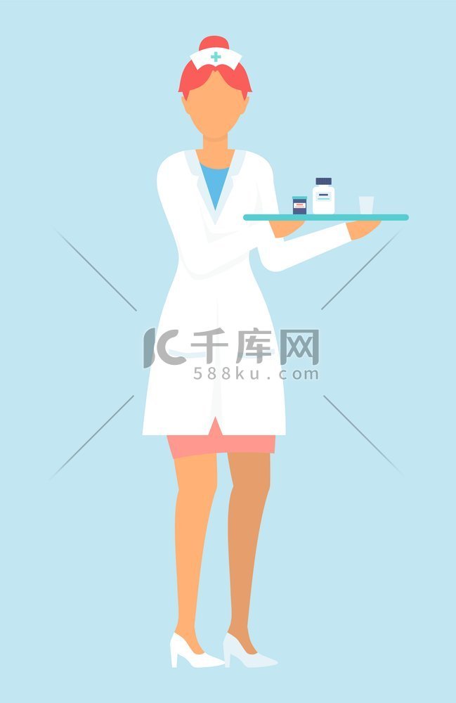 护士穿着白色医用长袍，托盘上装