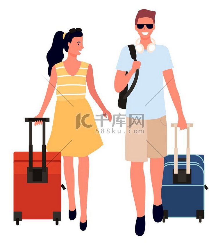 夫妇带着袋子在不同的目的地旅行
