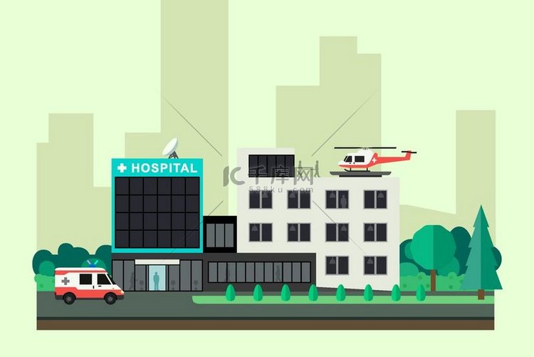 有救护车和直升机的扁平式医院。