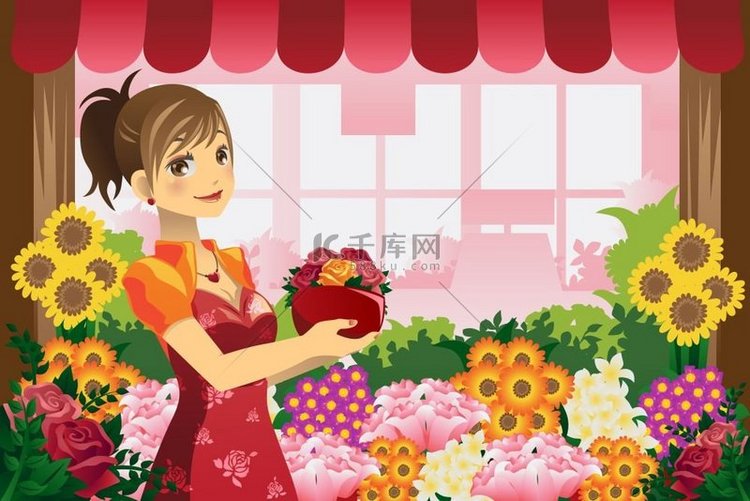 一个花店女孩拿着一盆花在花店里