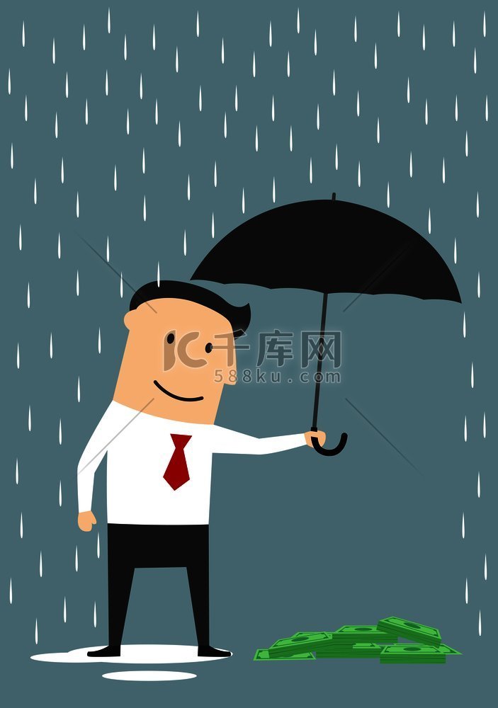 卡通商人打着雨伞站在雨中保护金