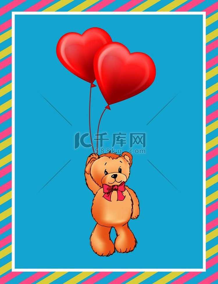 海报与可爱的泰迪熊拿着红色心形
