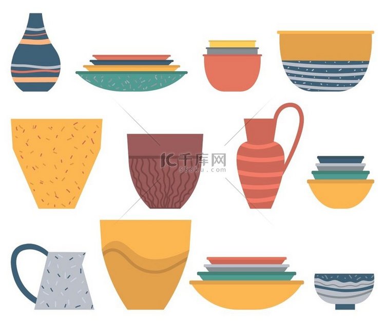 餐具套装、彩色盘子和碗、陶瓷花