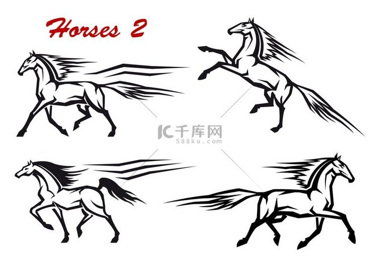 运动中的黑白马图标显示马、饲养