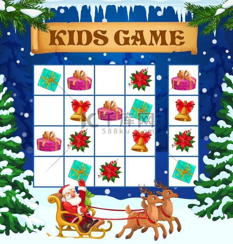 圣诞冬季数独儿童游戏或拼图矢量