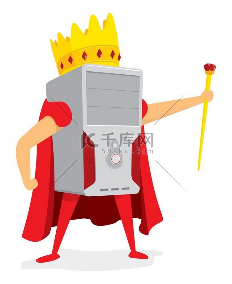 计算机国王戴着王冠站着的卡通插
