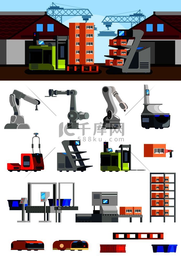 仓库机器人平面图标，带有自动装