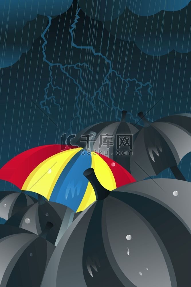 雨中黑色雨伞中彩色雨伞的矢量图