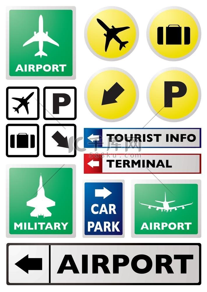 不同颜色的机场标志集合的插图。