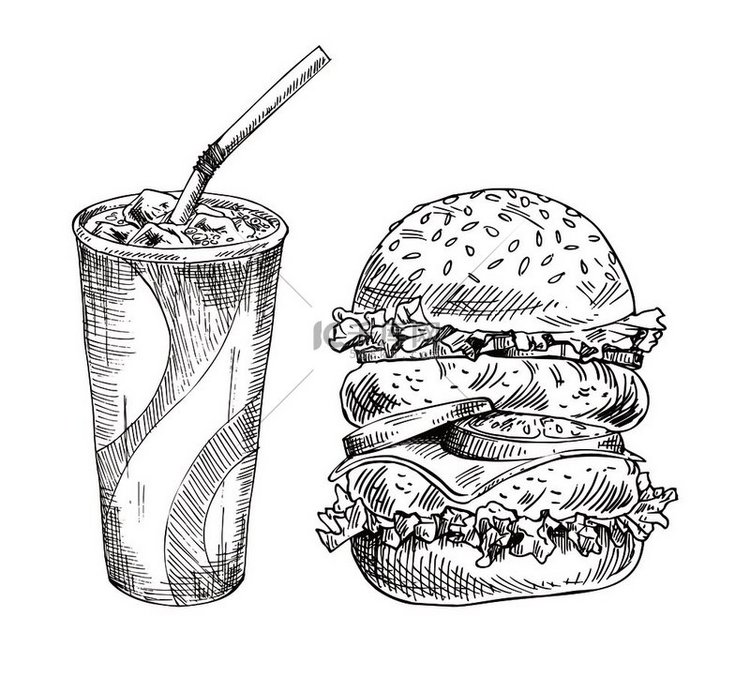 冷软饮料和巨大的汉堡图形艺术，