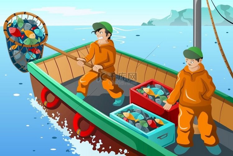 商业渔民在海上捕鱼的矢量图