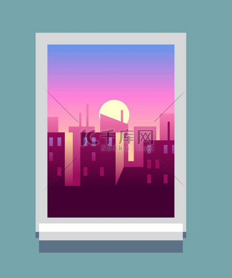 窗框里的城市日出向外看风景矢量