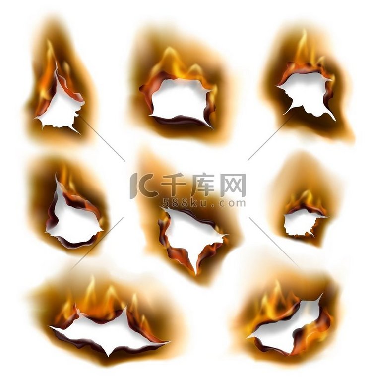 燃烧的火焰和烧焦的有边缘的纸洞