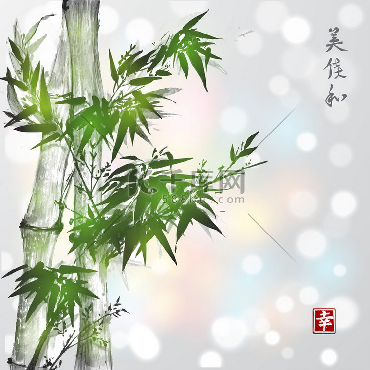 Green bamboo in sumi-e style