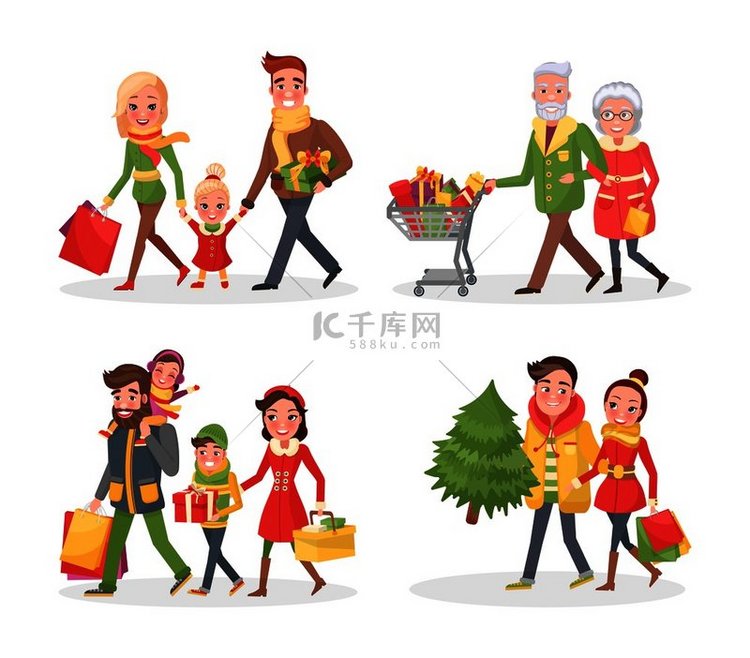 圣诞节和寒假购物人们带着购物袋