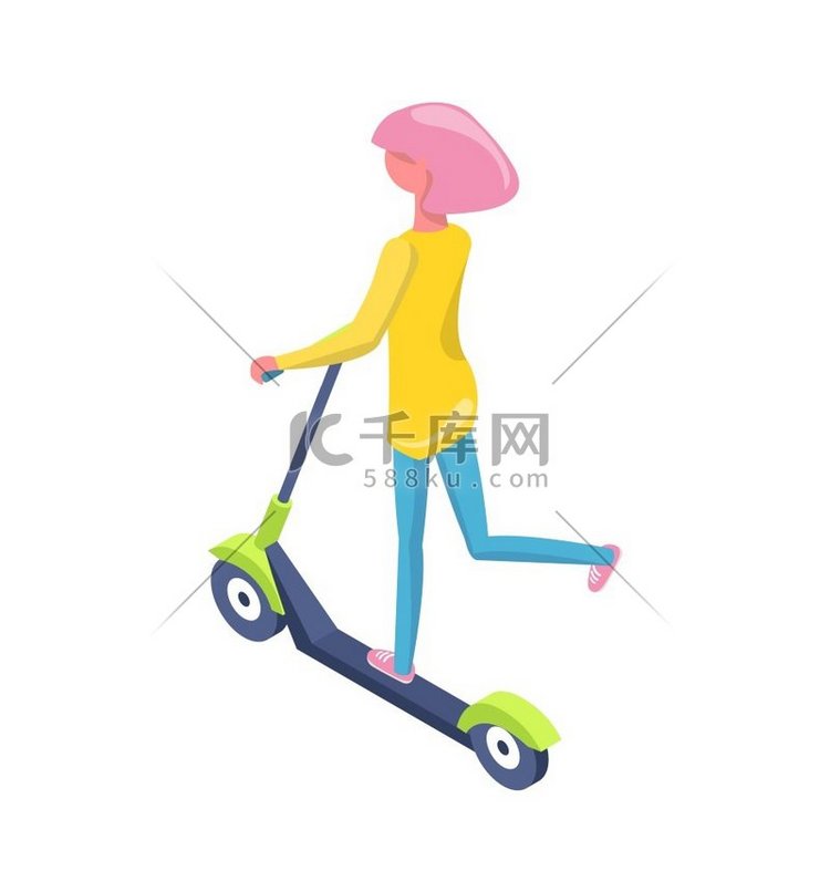 女性驾驶滑板车，乘坐生态交通工