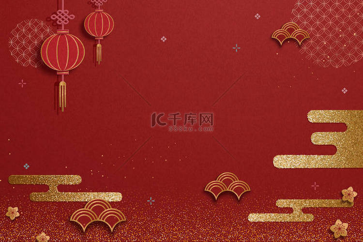 中国传统背景与红灯笼和金色闪闪