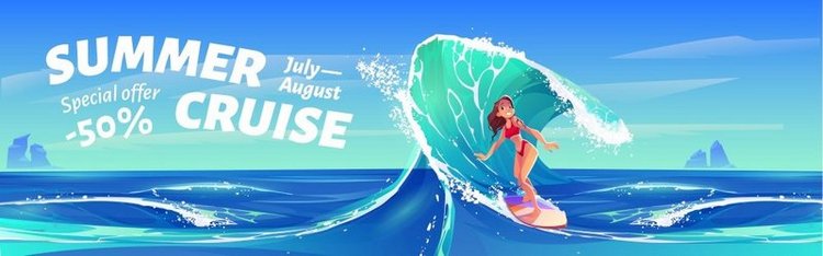 冲浪女孩的夏季巡游横幅矢量海报