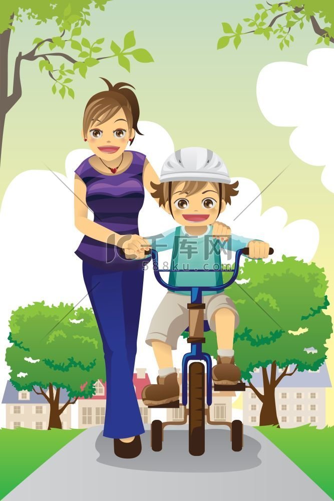 一位母亲教她的儿子如何骑自行车