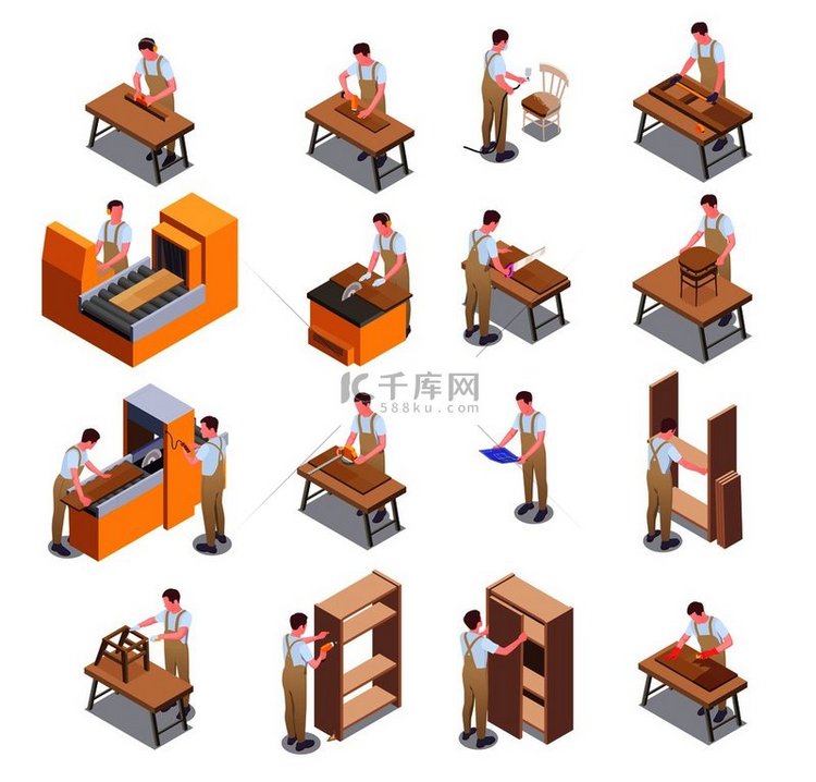 家具生产等距图标集与工人一起制