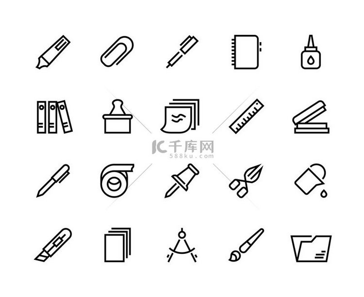 信纸线条图标学校和办公室用品包