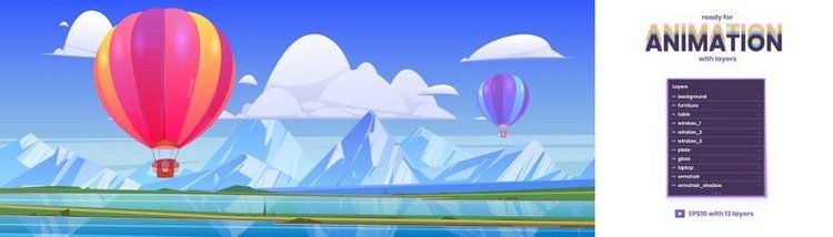 自然场景与飞行的热气球、湖泊和