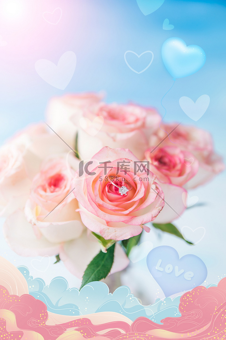 鲜花与求婚戒指摄影图玫瑰花 鲜
