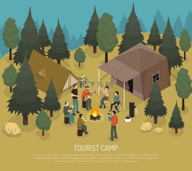 旅游营地等距图带帐篷的森林中的