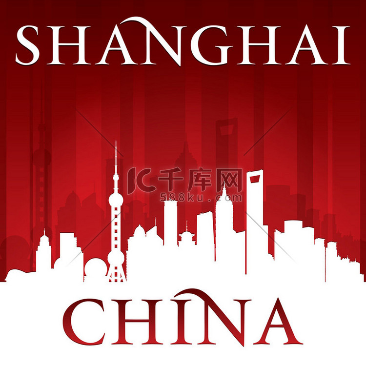 上海中国城市天际线轮廓红色背景