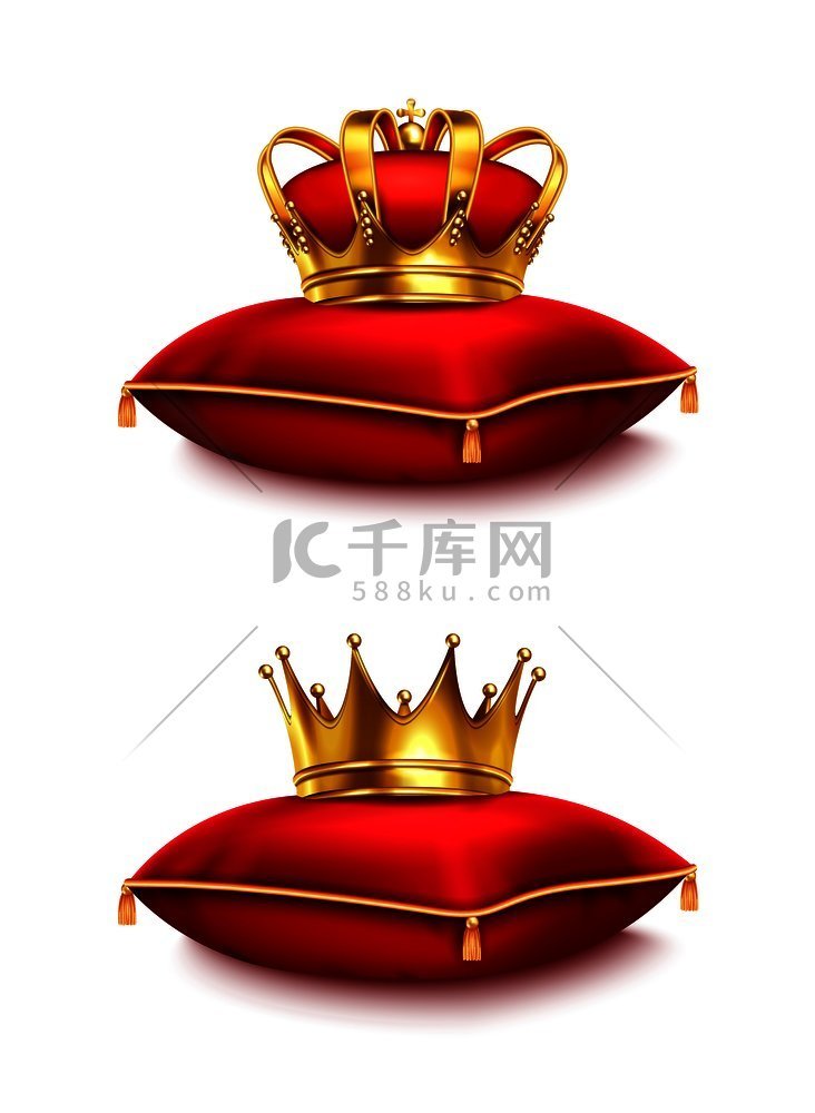红色仪式枕头上的两个金色皇冠在