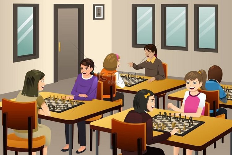 女孩在国际象棋俱乐部下棋的矢量