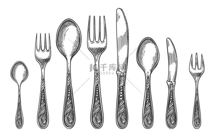素描勺子、叉子和刀子。