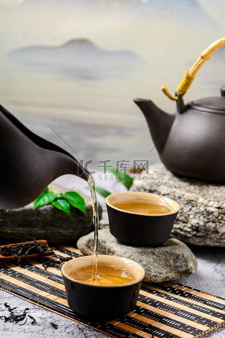 中式茶艺白天茶壶水墨山水摆放摄