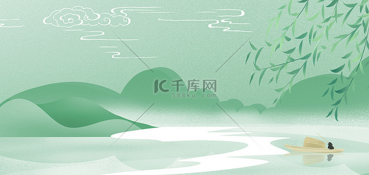中国风水墨山水绿色海报背景