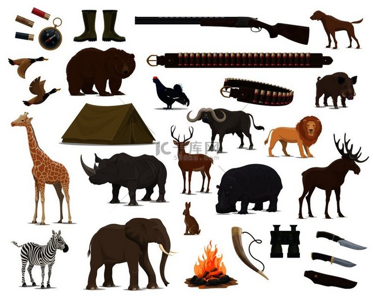 狩猎运动武器、野生动物和鸟类。