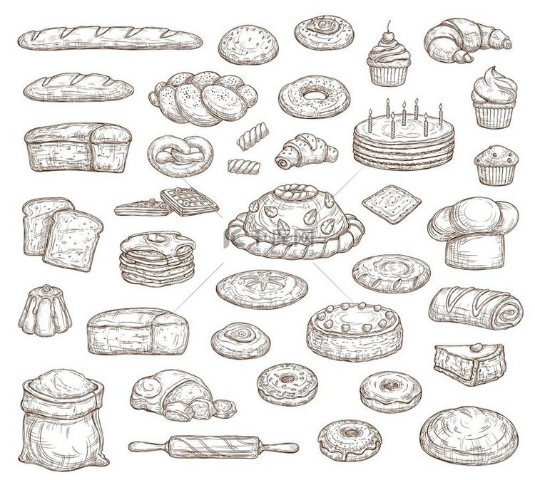 面包和糕点独立的草图图标面包店