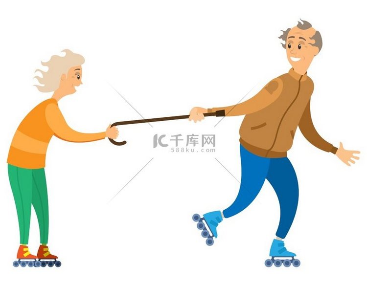 老年人滑旱冰，穿着休闲服和溜冰
