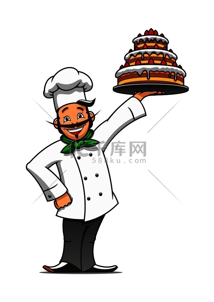 卡通法国厨师在托盘上放上分层巧