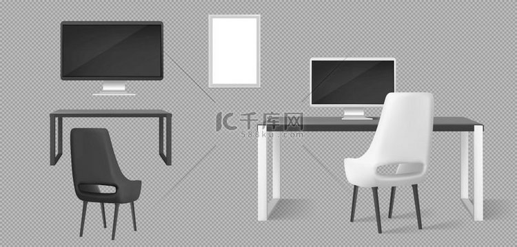 书桌、显示器、椅子和空白相框隔