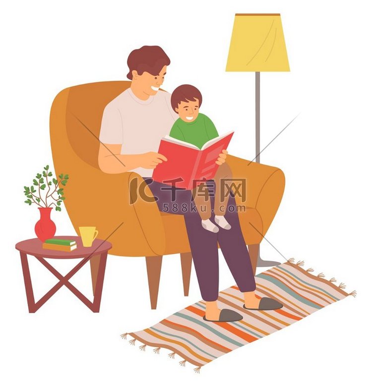 父亲和儿子坐在沙发上看书，父亲