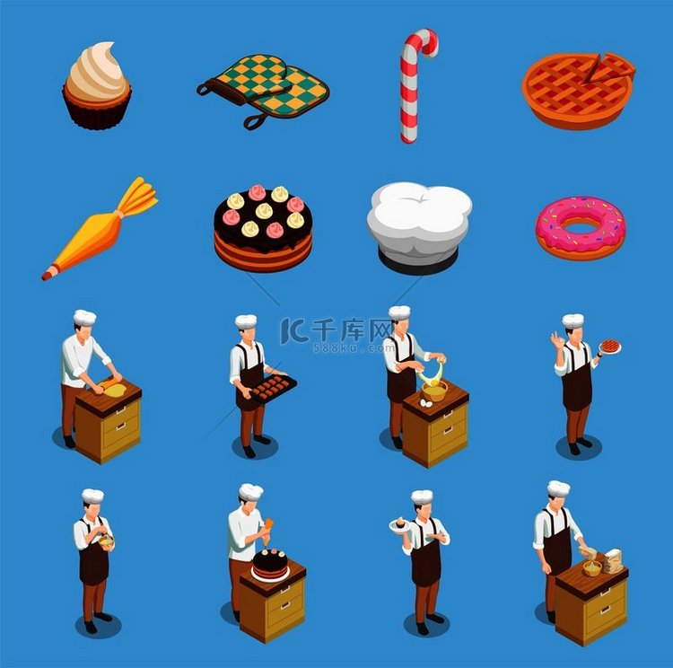 糖果厨师等距图标设置在蓝色背景