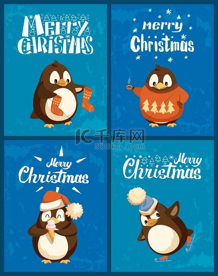 圣诞快乐企鹅穿着带有松树印刷矢