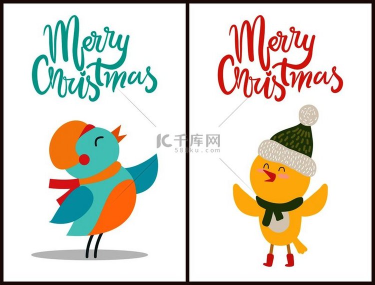圣诞快乐海报祝贺鸟儿穿着温暖的